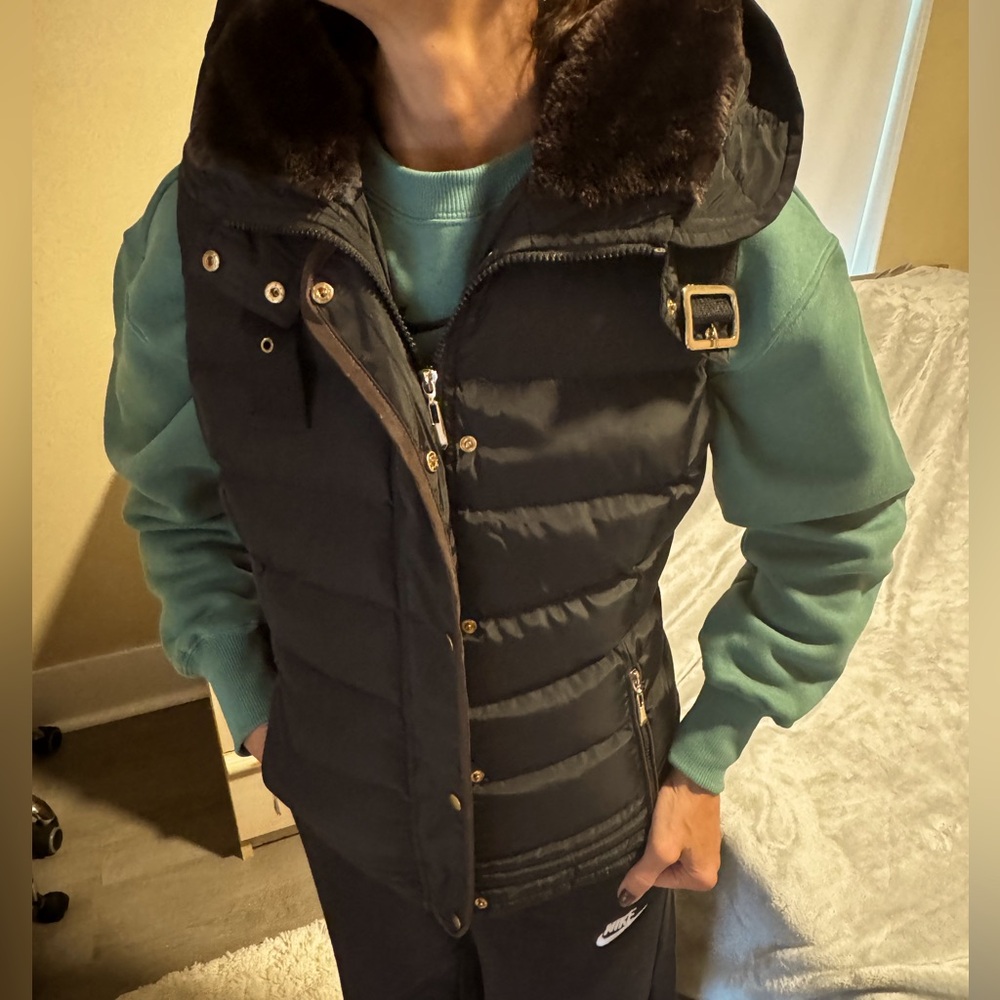 Black Puffer Vest Brown Faux Fur Trim